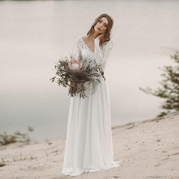 Bohemian Chiffon Beach Wedding Dresses with Lace Long Sleeves Bridal Gowns Sexy V Neck Bride Dress