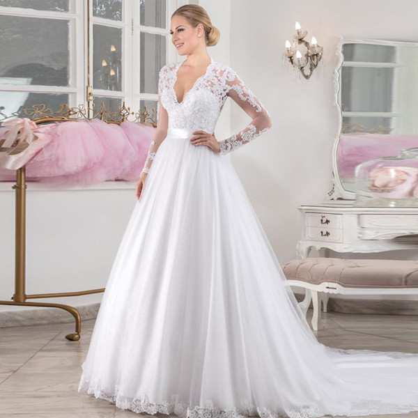 Vestido de Noiva A-Line Long Sleeves Wedding Dresses Satin Belt Lace Appliques Wedding Gowns Boda