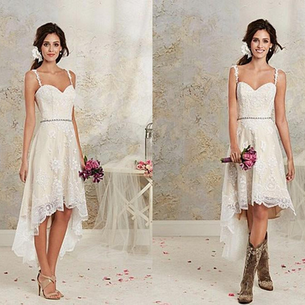 Sexy Sweetheart Lace High Low Wedding Dresses Beach Wedding Gown with Straps Lace Up Bride Dress