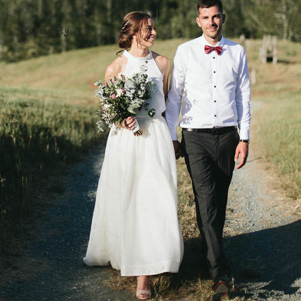 New Two Pieces Wedding Dresses Tulle Halter Sleeveless Wedding gown Floor Length Bridal Gowns for Wedding Custom Made