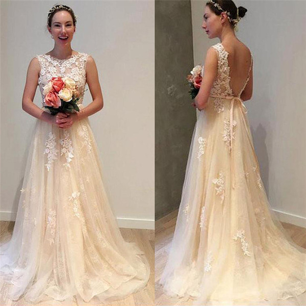 Champagne Wedding Dresses Sleeveless Tulle Lace Appliques Bridal Dresses Backless Sweep Train Elegant Custom Made Bridal Gowns