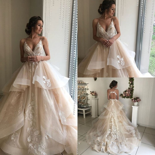 Boho Elegant Wedding Dress Ball Gown Straps Open Back Tiers Bridal Dress Cathedral Train Luxury Lace Appliques Wedding Gown 