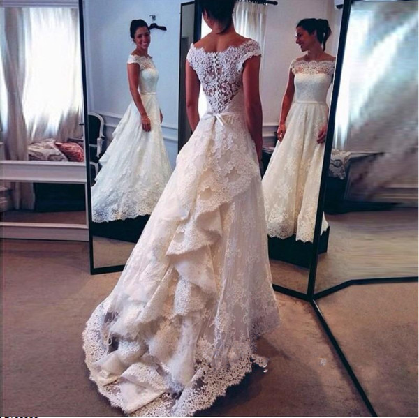 White Boho Wedding Dress Custom Made Lace Appliques Off Shoulder Wedding Gown Court Train Short Sleeve Sexy Back Brides Dress