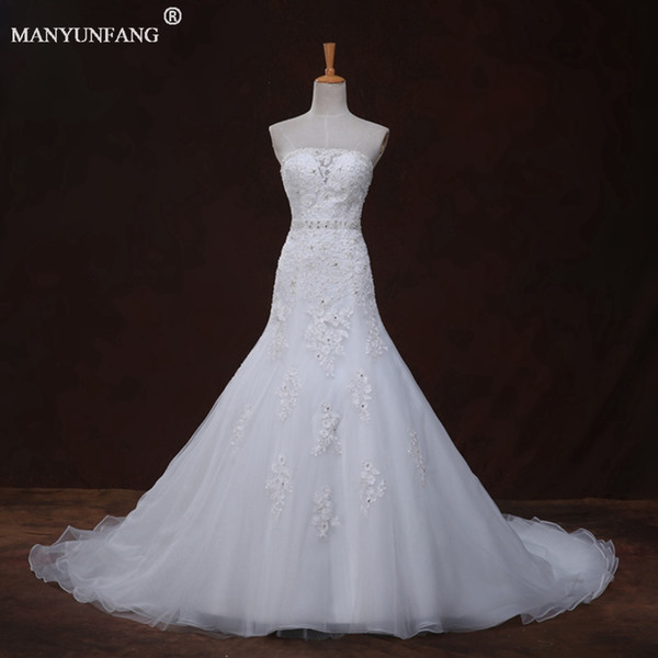 New Vintage Lace Wedding Dresses Sexy Strapless Applique Cathedral Train A Line Custom Made Wedding Bridal Gowns