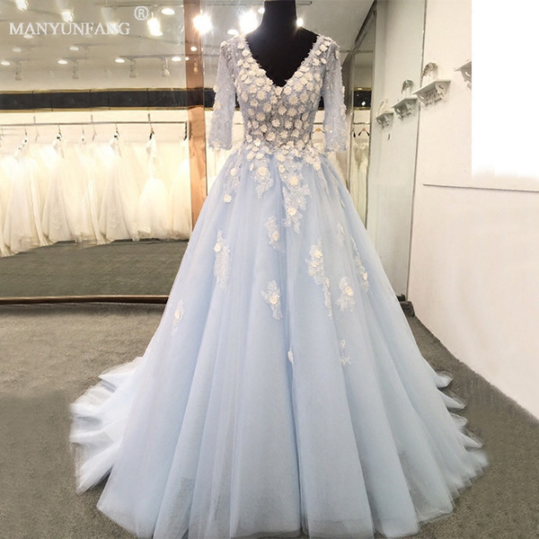 Romantic A Line Lace Wedding Dresses with Half Sleeves Vestidos De Noiva Spring V Neck Sky Blue Bridal Gowns Hand Made Wedding Dress