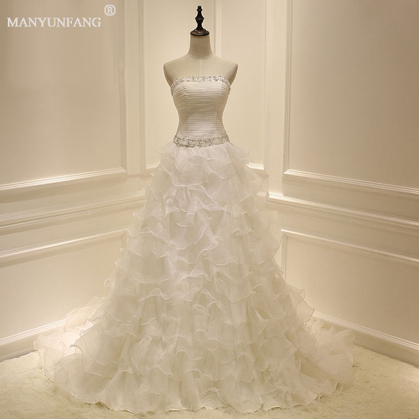 Hot Sale Strapless With Crystals Beads And Pleat Upper Lace Up Wedding Dresses Beaded Sashes Ruffles Skit Court Train Wedding Dresses