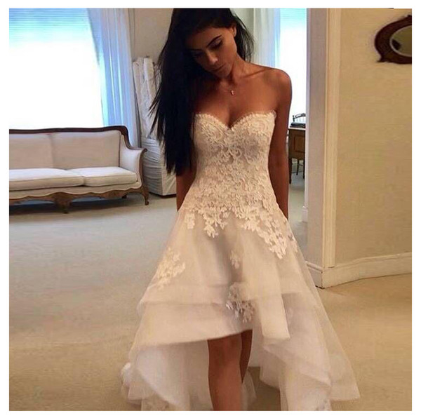 High Low Wedding Dress Sweetheart Appliqued Lace Tulle Backless Boho Wedding Bride Gown Strapless Bride Dress