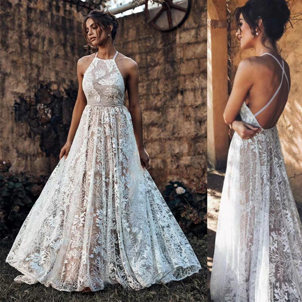 Sexy Backless Lace Beach Wedding Dress Halter Spaghetti Straps Bohemia Vestido De Noiva Chesp Wedding Gowns