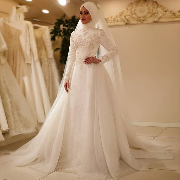 Vestido De Noiva Elegant Long Sleeve O Neck Muslim Wedding Dresses Tulle Zipper Back Lace Islamic Wedding Gowns Cheap