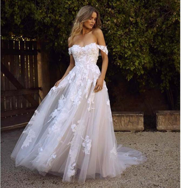 New Off Shoulder Appliqued Wedding Dresses Bridal Gowns Sweetheart Floor Length Low Back Bridal Gowns For Sale