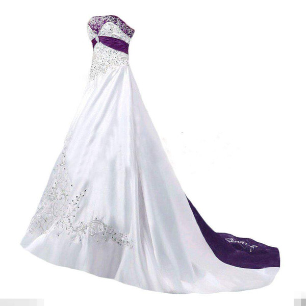 REAL IMAGE Elegant Wedding Dresses A Line Strapless Beaded Embroidery White Purple Vintage Bridal Gown Custom Made High Quality