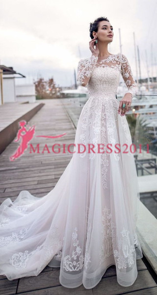 Beach Wedding Gowns Jewel Neck Full Sleeves Lace A Line Bridal Gowns Vestido de novia Bridal Gown Plus Size Arabic Dress