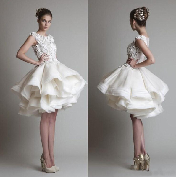 krikor jabotian short lace wedding dresses bateau cap sleeves backless knee length A line chiffon beach bridal gowns