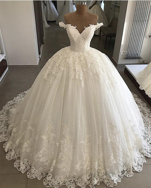 Princess Off The Shoulder Wedding Dresses Lace Appliques Sweep Train Church Garden Bridal Gowns Lace Up Wedding Bridla Gown Custom Made