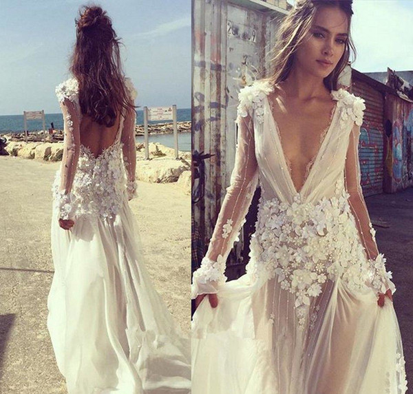 Sexy Boho Beach Wedding Dress V Neck Long Sleeves Appliques Lace 3D Flowers Backless Party Gown Bride Dress Bridal robe de marriage