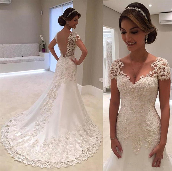 V-neck Appliqued Lace Illusion Back Bridal Dress Formal Gown For Brides Cap Sleeve Mermaid Wedding Dresses Gowns Count Train