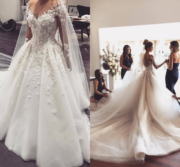 New Gorgeous Sheer Neck Lace Wedding Dresses Long train Long Sleeves custom made Ruffles Appliques Tulle Wedding Dresses