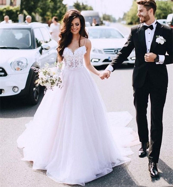 Elegant Robe de mariee New Long Wedding Dresses Sweetheart Neck Spaghetti Strap Court Train A-Line Appliques Tulle Bride Gowns