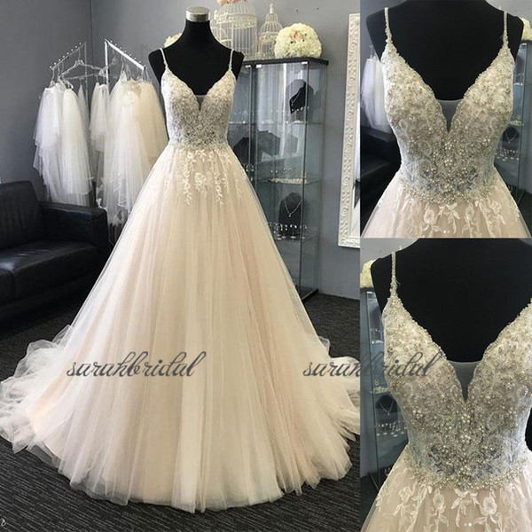 Limor Rosen Garden white Lace Wedding Dresses Israel Sexy V Neck custom made Sleeveless A Line Sweep Train Romantic Tulle Bridal Gowns