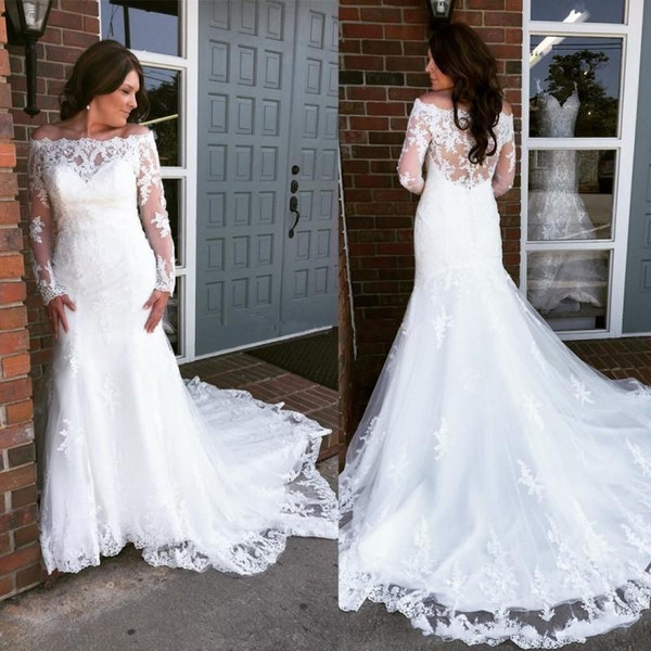 Lace Mermaid Wedding Dresses Elegant Long Sleeves Off the Shoulder Bridal Gowns Plus Size Wedding Dresses Sweep Train robe de mariée