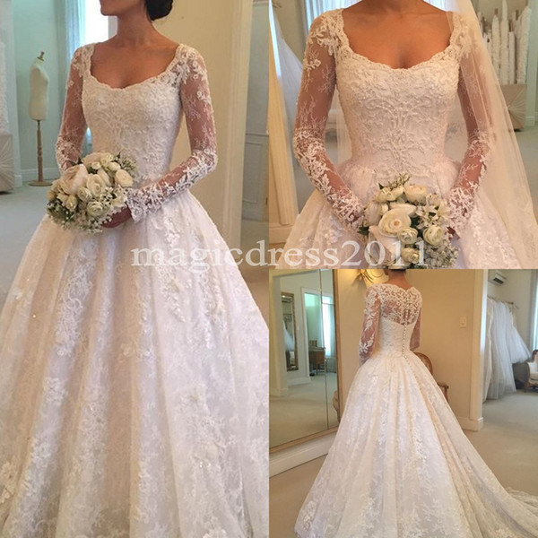 Gorgeous 2017 A-Line Long Sleeves Wedding Dresses Scoop Heavily Embellished Illusion Bodice Long Sleeves Lace Back Modified Bridal Gowns BB