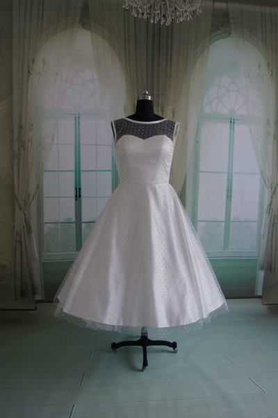 50s Polka Dot Wedding Dress Tea Length Bridal Gowns Plus Size Dresses Corset Wedding Dress Full Circle Skirt 50s style wedding dress RLL040