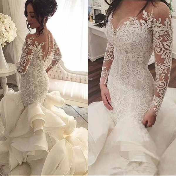 vestido de noiva Long Sleeves Wedding Dresses with Sheer Neck Vintage Mermaid Appliques Lace Tulle custom made sarahbridal Bridal Gowns