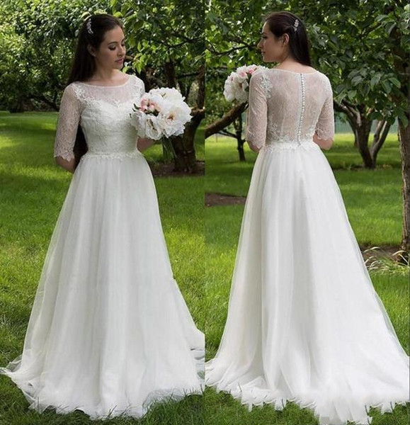 Boho Country Wedding Dresses A Line Scoop 1/2 Sleeve Sweep Train Bridal Gowns With Lace Tulle Button Back Wedding Gowns