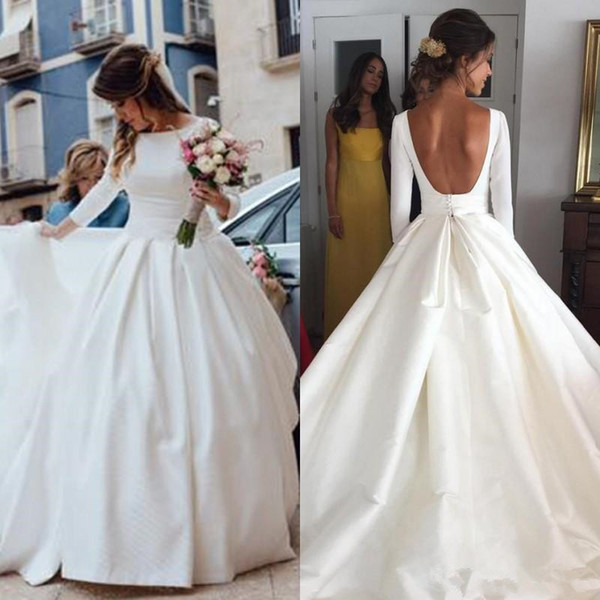 elegant Simple Cheap Bateau Wedding Dresses New Fashion Satin A Line Long Sleeves Backless Wedding Dress Sexy Bridal Gowns