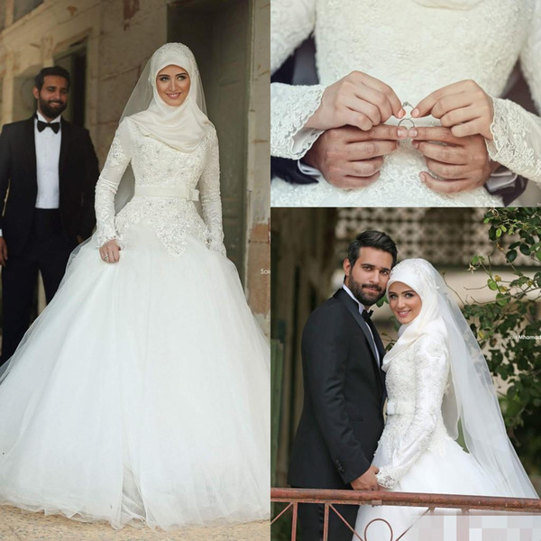 Arabic Islamic Muslim A Line Wedding Dresses Said Mhamad Lace Winter Bridal Gowns Long Sleeves High Neck Midwest Pakistani Abaya