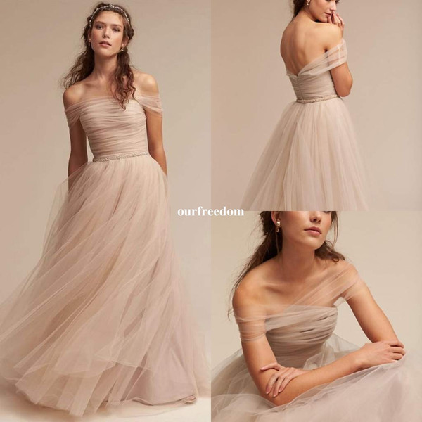 Nude BHLDN Wedding Dresses Off The Shoulder Delicate Sash Bridal Gowns Floor Length A Line Backless Wedding Gown