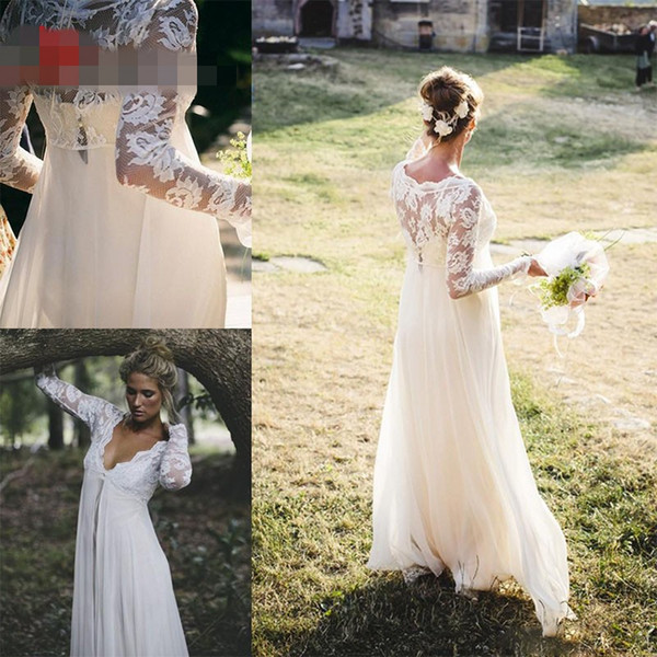 2016 Bohemian Long Sleeves Wedding Dress V Neck Empire Waist Lace Chiffon Floor Length Vintage Beach Wedding Dress Bridal Gowns