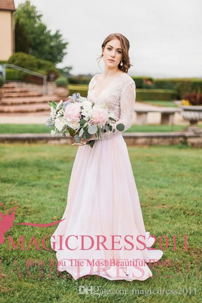 Romantic Blushing Wedding Dresses with Long Sleeve A-Line Deep V-Neck Illusion Bodice Court Train Bridal Gowns Dress for Wedding