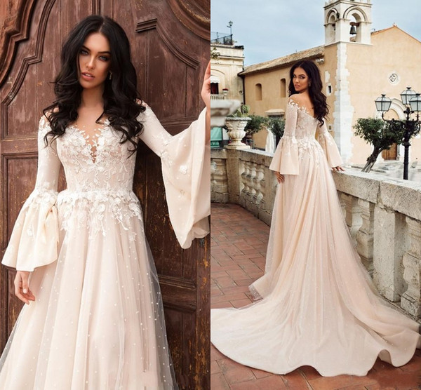 Crystal Desing Beach A Line Wedding Dresses Lace Applique Long Sleeve Boho Bridal Dress Blush Pink Tulle Sweep Train Wedding Gowns