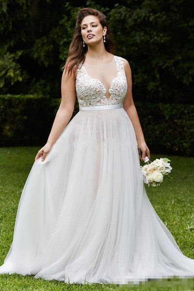 Elegant Cheap Plus Size Lace Wedding Dresses V Neck Sleeveless A Line Party Gowns Custom Made Sweep Train Garden Bridal Gowns