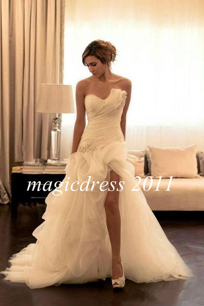 Sexy Designer Side Split Wedding Dresses Sweetheart Neck A Line Sweep Train Vintage Vestido Ruffles Backless Bridal Gowns