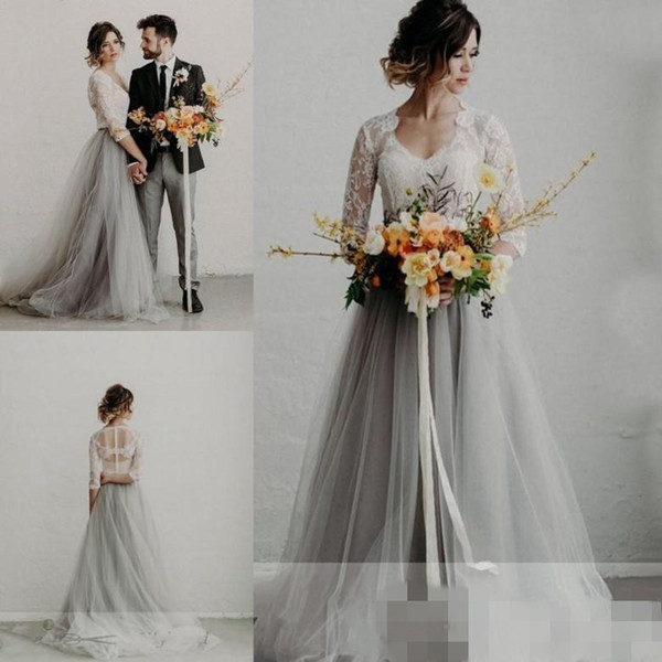 Summer Grey Tulle Wedding Dresses Bridal Gowns V Neck Lace Half Sleeves A Line Custom Made