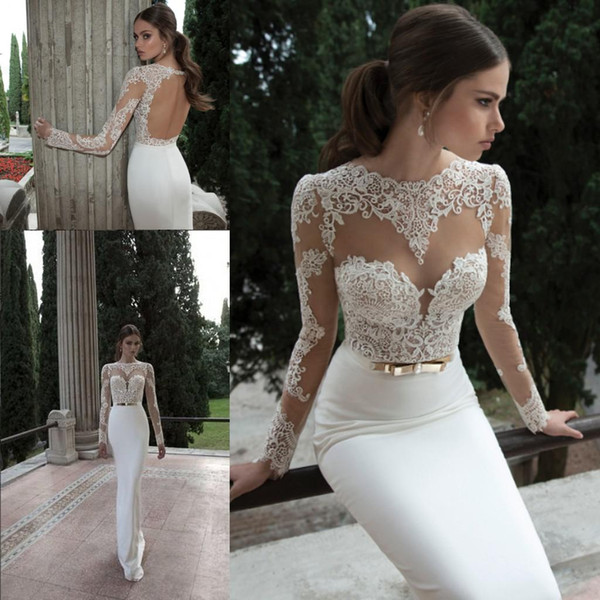 2018 Sheath Berta Wedding Dresses Illusion Long Sleeve Crew Neckline with Appliques Lace Backless Vestidos de Noiva Beach Bridal Gowns