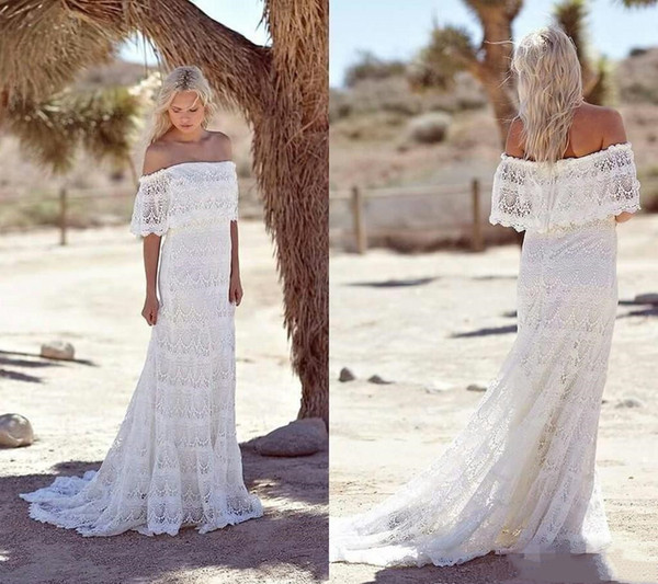 Simple Full Lace Country Boho Wedding Dresses Off Shoulder Sweep Train Short Sleeves Cheap Beach Bohemian Bridal Gowns