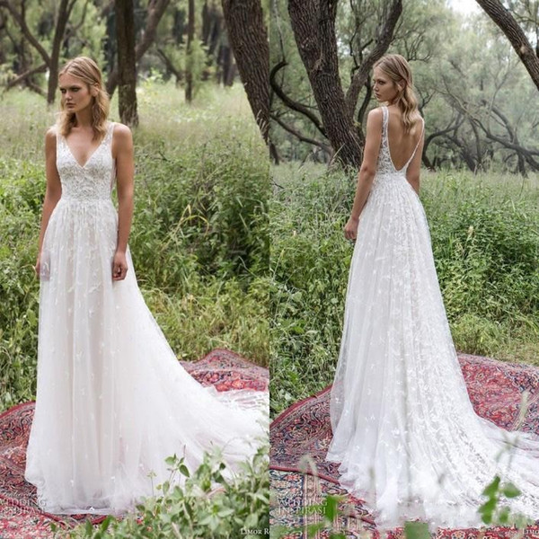 Limor Rosen Garden Lace Wedding Dresses Israel Sexy Deep V Neck Backless Sleeveless A Line Sweep Train Romantic Tulle Bridal Gowns