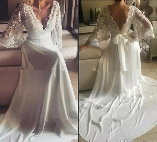 Bohemian Long Sleeves Summer Garden Wedding Dresses A Line Lace Appliques Chiffon Long Bridal Gowns with Sash Cheap