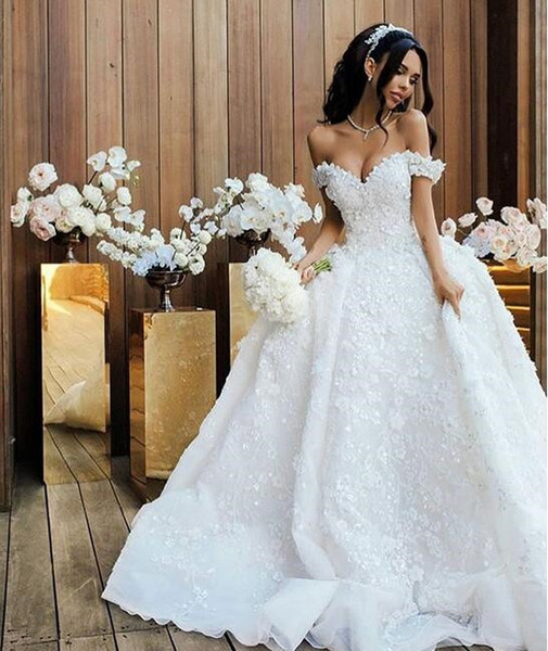 modest A Line Wedding Dresses with 3D-Floral Appliques Vintage off shoulder Ruched Plus Size lace up custom made Bridal ball Gowns