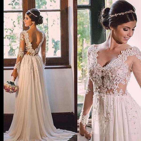 Beach Summer A Line Wedding Dresses V Neck Long Sleeves Lace Appliques Beaded Open Back Sweep Train Plus Size Formal Bridal Gowns