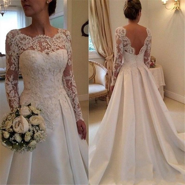 Simple A Line Wedding Dresses Sheer Neckline Long Sleeve Backless Lace and Satin Bridal Wedding Gowns DTJ