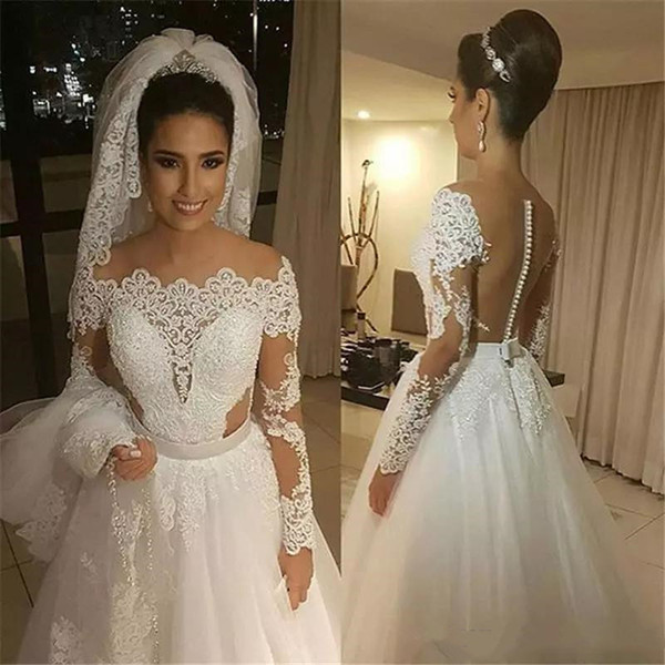 Sheer Long Sleeves Off Shoulde A-Line Wedding Dresses Lace Appliques Bridal Gowns Modest Women Vintage Robe De Mariee