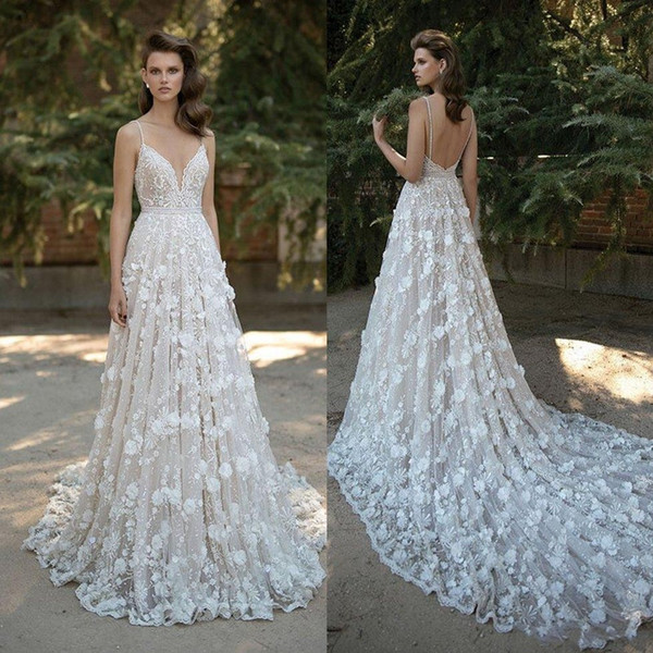 Beautiful Berta Mermaid Lace Wedding Dresses Bridal Gowns Vestidos De Noiva Spaghetti Straps V Neck Backless 3D Appliqued Sweep Train Beaded