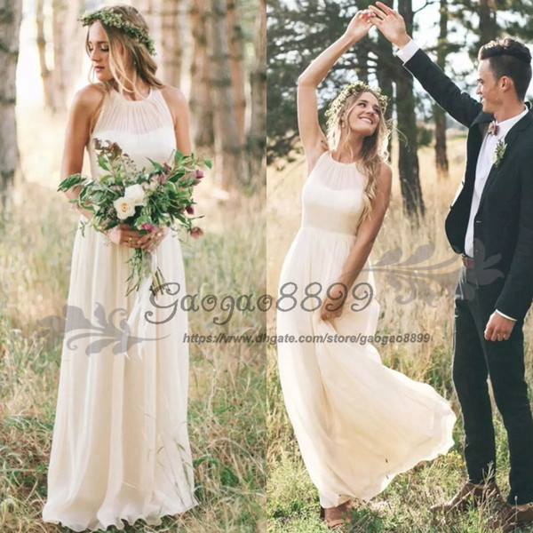 Special offer Modest summer Ivory champagne boho beach Wedding Dresses chiffon floor length jewel bohemian country Wedding Bridal Gowns