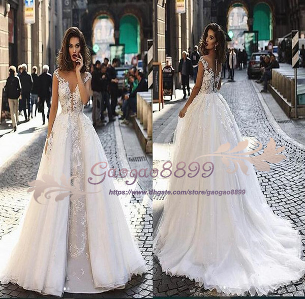 Elegant Country deep v neck Wedding Dresses Lace Appliqued A Line Illusion Tulle overskirts sweep train Bridal Gowns Cheap Custom Made