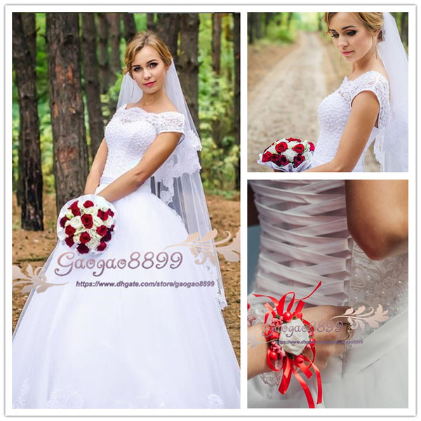 Vintage Country bateau wedding dresses tulle skirts sweep train lace up pearls Bohemian long Wedding Gowns plus size vestido de novia