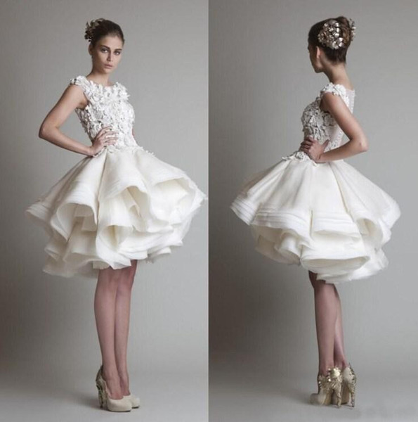 Elegant A Line Short Wedding Dresses Scoop Sleeveles Zipper Mini Tiered with Lace Appliques krikor jabotian Beach Bridal Gowns